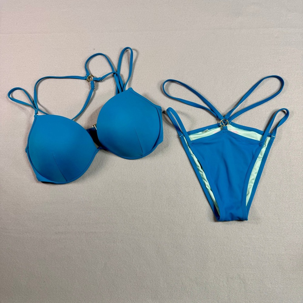 Victoria's Secret Blue Push Up Bikini Set 36DD Strappy Swimwear Bathing Suit